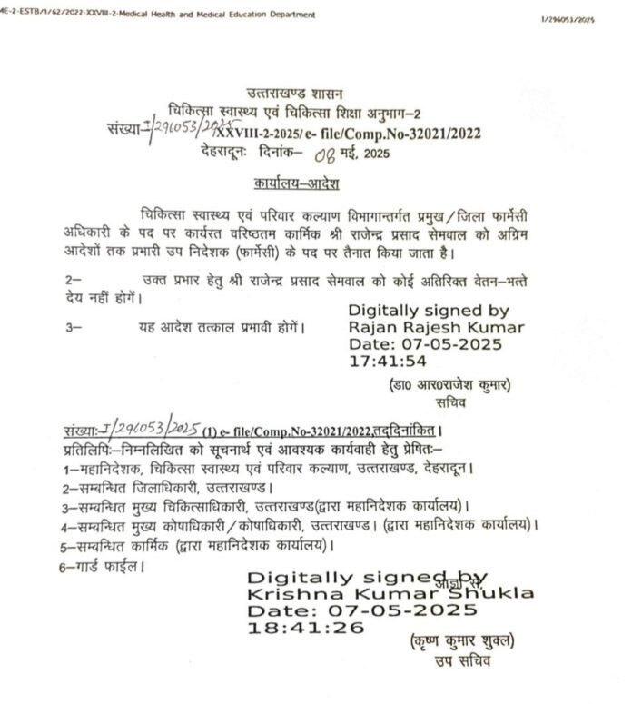 सेमवाल बने प्रभारी उपनिदेशक फार्मेसी चार साल के इंतजार के बाद राज्य के चिकित्सा विभाग के फार्मेसी संवर्ग के सबसे उच्च पद उपनिदेशक फार्मेसी पर प्रमुख फार्मेसी अधिकारी राजेंद्र प्रसाद सेमवाल की तैनाती हुई है
