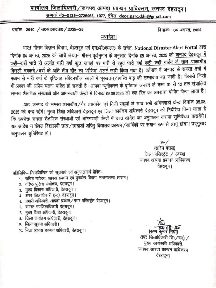 भारी बारिश को देखते हुए राजधानी के 1 से 12 तक के स्कूल रहेंगे बंद आदेश जारी