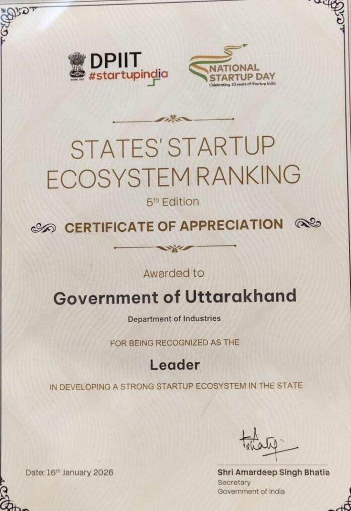 स्टार्टअप इंडिया रैंकिंग में उत्तराखण्ड को मिला ‘लीडर’ दर्जा
