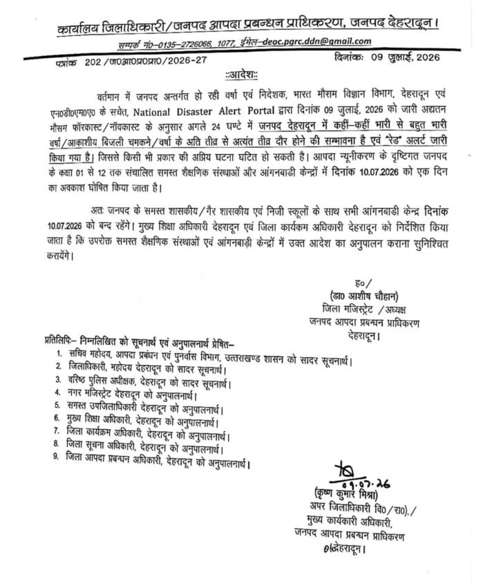 बड़ी खबर:मौसम विभाग ने प्रदेश में रेड अलर्ट किया जारी डीएम देहरादून ने की 1 से 12 तक के स्कूल रहेंगे कल बंद